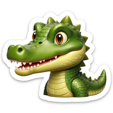 Cinematic Realistic Cute Crocodile Portrait Emoji, Head tilted playfully and inquisitively, featuring a robust, well-defined build with intricately detailed, glossy olive-green scales and a surprisingly endearing face with round, sparkling eyes full of unexpected charm, rendered with lifelike texture and natural highlights, high shine, affectionate and spirited, styled with a touch of wild whimsy, soft glowing outline, capturing the essence of a mischievous yet lovable crocodile that seems poised to snap playfully out of the screen into your arms! sticker