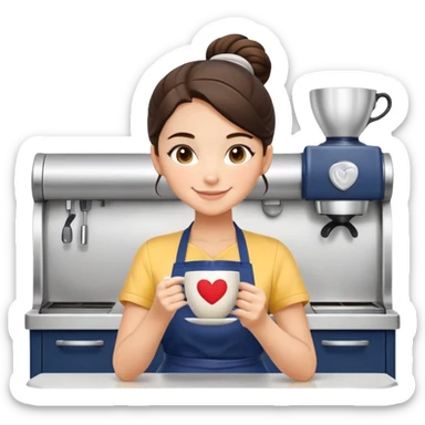 Cute brunette barista girl with hair in a bun wearing yellow shirt and dark blue apron, she's relaxed and making heart-shaped latte art, smiling at the coffee cup with a heart design in the foam sticker