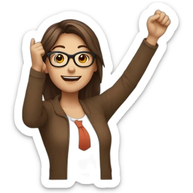 A girl with glasses and brown hair celebrating with an arm up sticker