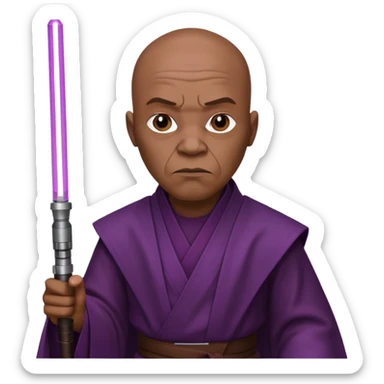 star wars master windu bald head, no facial hair, brown jedi outfit with purple lightsaber sticker