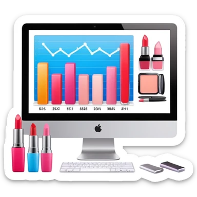 iMac computer with bar charts and beauty products inside the screen sticker