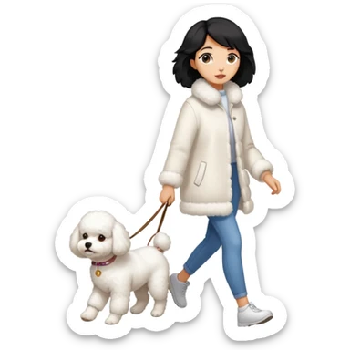 A beautiful black-haired girl walking a Bichon Frise dog sticker