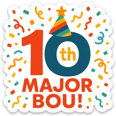 Celebratory 10th anniversary logo for Major Bou with confetti and a festive color palette sticker