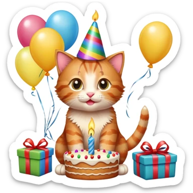 Ginger tabby kitten celebrates birthday, birthday hat, birthday cake, one candle, balloons, happy, gifts sticker
