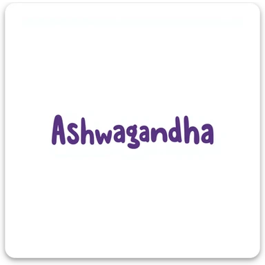 The word "Ashwagandha" hand-drawn in white text with a few purple and blue color accents. Simple doodle style with clean design. sticker