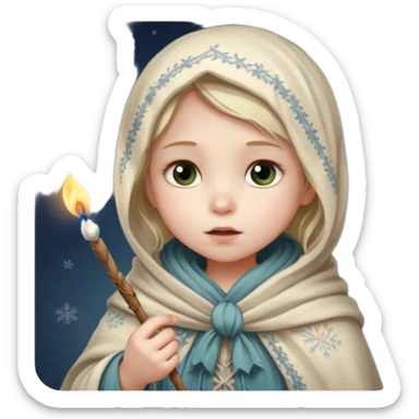 A small girl in a worn winter dress and shawl, holding a glowing matchstick close to her face, eyes wide with soft hope.
 sticker