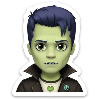 Frankie stein monster high doll boy with 5-o-clock shadow , pale white-green skin, Frankenstein stiches  sticker