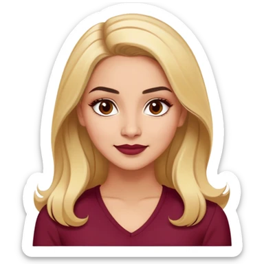 Puerto Rican actress Linette Torres with warm light skin, attractive elegant features, expressive eyes, well-defined eyebrows, straight nose, friendly smile, long blonde hair, wearing a fashionable burgundy top sticker