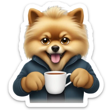 angry grown pomeranian holding a cup of tea i his paw sticker