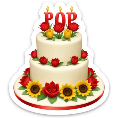 A large three teir cake with first mayer decorated with roses, second with Sunflowers and third with Tulips and Happy Birthday Dear written on top. sticker