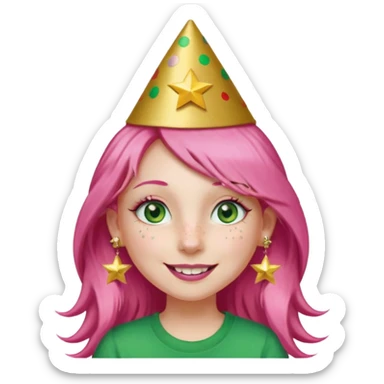 A girl with long pink hair and green eyes with long eyelashes and a smiley face. She has freckles and a lit of bit of pink lipstick on her mouth, she’s also got a full gold birthday party hat on her head with gold pom poms on top of it, and her T-shirt is all red, she wore gold star earrings  sticker
