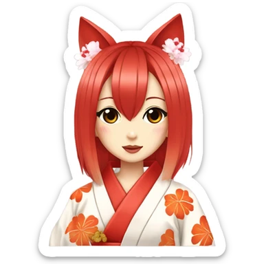 hime gyaru girl, kimono, red hair, kitsune mask sticker