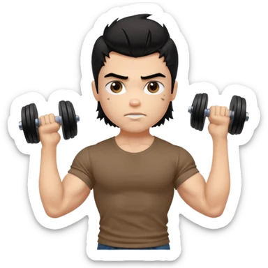 generate a pretty fair bratz boy with a messy mullet (black hair), wearing a brown tshirt. he has big biceps and is ripped. He is holding dumbbells sticker