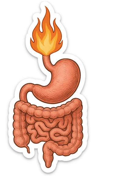 intestino e stomaco sono collegati, con una fiamma che brucia sopra, isolate su sfondo bianco sticker