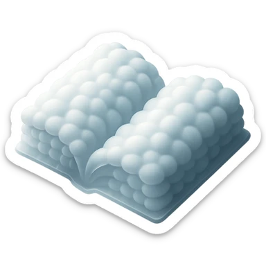 thick open book made entirely of small, very bright white fluffy convex clouds, matte glass style, no background, no text sticker