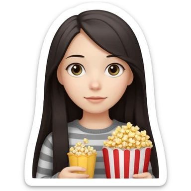 girl with dark straight long hair, striped light sweater, gray gray eyes, holding popcorn in her hands sticker