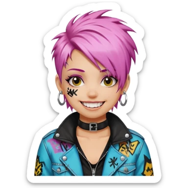 a punk girl with neck-length dyed hair and wear a punk graffiti jacket with black choker grin playfully  sticker