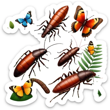 Close-up of giant Madagascar hissing cockroaches, butterflies, and stick insects in their natural habitat. The insects are shown in detail, highlighting their unique textures and colors, surrounded by plants and leaves. Soft lighting to enhance their features. Transparent background. sticker