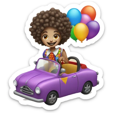 girl with curly hair that is dressed a clown with a clown nose driving car sticker