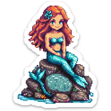mermaid sitting on a rock underwater, pixel art style, retro look sticker