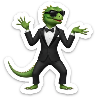 capitalist iguana banker in tuxedo and black sunglasses dancing sticker