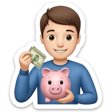 A young guy puts money in a piggy bank. sticker