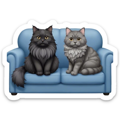 A large black smoke Maine Coon cat with long grey ear tufts and a fluffy grey ruff, sitting next to a chubby British Shorthair cat in blue color with plush fur, both sitting comfortably on a sofa. Beautiful room background with flowers and soft lighting. Transparent background. sticker