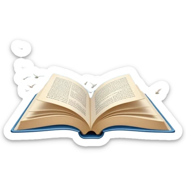 Icon for Poetry Reading: an open book with pages flying out, transforming into a large flock of small white birds soaring into the blue sky. The icon should evoke the freedom and beauty of poetic expression. Transparent background. sticker