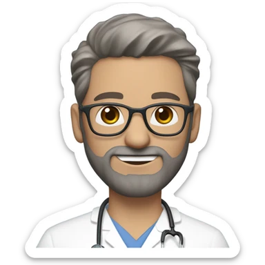 male dark blond haired doctor in scrub cap with grey van dyke beard with hazel eyes and small wire-rimmed glasses in blue scrubs holding a large paintbrush sticker