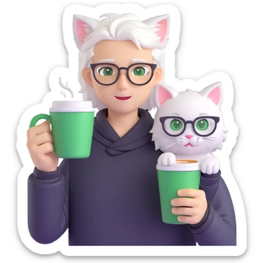 An anime guy with white hair, white cat ears, green eyes, and glasses, holding a coffee cup in his hand and waving sticker