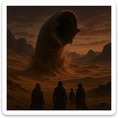 Dune's Arrakis landscape, sandworm erupting from the desert in the midground, three people in the foreground, rocky background, dusk sky, in a cinematic style sticker