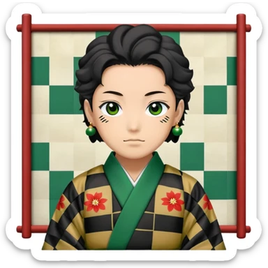 Tanjiro Kamado from Demon Slayer with black and green checkered haori and hanafuda earrings sticker
