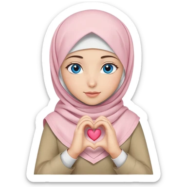 Turkish beautiful finish Konya girl blue eyes with khaki and light pink hijab islamic dress and making heart with hands sticker