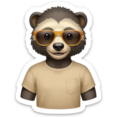 friendly anthropomorphised honey badger head and neck wearing sunglasses, top of t-shirt visible sticker