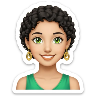 Girl showing happiness, medium skin tone, short curly black hair, gold earrings, green eyes sticker