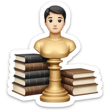 Minimalistic flat vector icon, iOS style, thin black contour on white background. Bust statue on a small pedestal next to a stack of books, symbolizing classic literature. Clean, no text, no shadows sticker