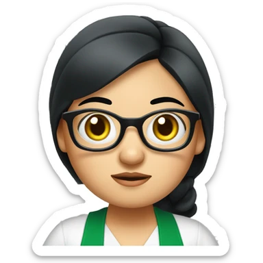 chubby lady with black hair and big eyes green apron  with glasses cooking  sticker
