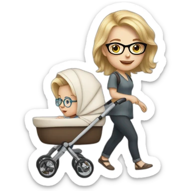 White women with brown hair and glasses pushing buggy with blonde baby sticker