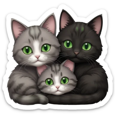 1 grey cat with pastal green eyes and 1 black with green eyes cat cuddling sticker