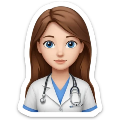 university classroom that says nursing school on the blackboard with a pretty female nursing student with long brown hair, blue eyes sticker