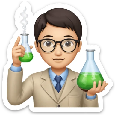 asian chemistry teacher wearing glasses holdin a flask pointing right sticker