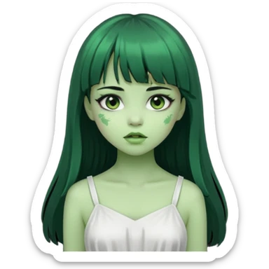 uma garota zumbi da pele verde com cabelo preto longo com franja e a roupa branca sticker
