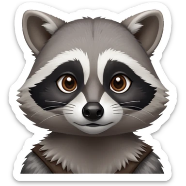 Cinematic-Noble-Raccoon-Portrait-Emoji – Poised and confident, with a sturdy build and a beautifully textured fur of silver-grey accented by dark black facial markings, deep-set, intelligent brown eyes, simplified yet sharp and sophisticated zoom out to show shoulders sticker