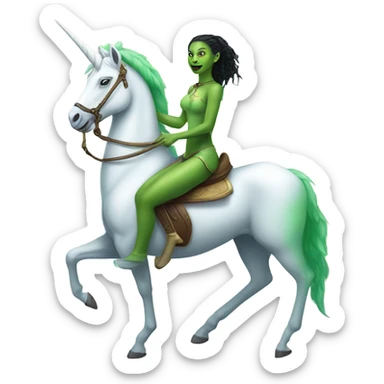 a green amazon alien woman on a four-legged white unicorn sticker