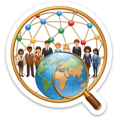 An icon featuring a group of people, a network diagram, and a magnifying glass, symbolizing sociology. The design includes a globe and interconnected lines, representing social structures and relationships. Transparent background highlights the study of societies and human behavior. sticker