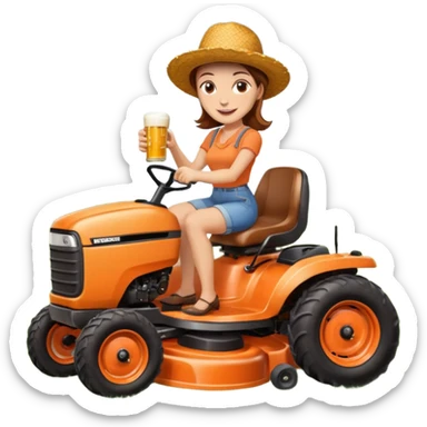 White woman with brown hair, without glasses wearing a straw hat, on old orange ride on lawn mower, holding a beer with one hand and holding the steering wheel with the other hand. Woman is smiling. Lawn mower has “Westwood” written on the engine cover sticker
