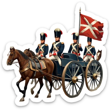 A vintage movie poster-style design depicting a dramatic Napoleonic War scene. Include soldiers in period uniforms, cannons, and a battlefield with flags and horses. The background should evoke a sense of battle and history, with old-fashioned cinematic flair. Transparent background. sticker