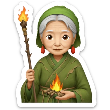 ancient asian old woman, tattered leaf green cloth, hold fire stick sticker