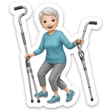elderly woman with pants, short grey hair, laughing and dancing th crutches sticker