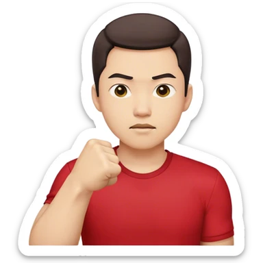 A determined Korean man in a red shirt, clenching his fist with a confident expression. Emoji-style digital illustration sticker
